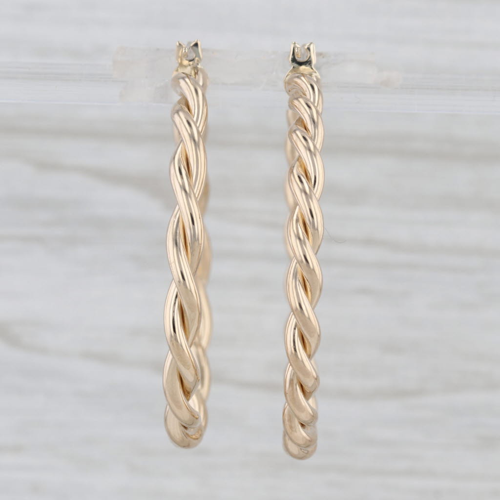 Round Twist Hoop Earrings 14k Yellow Gold Pierced Snap Top Hoops 37 x 3.6mm