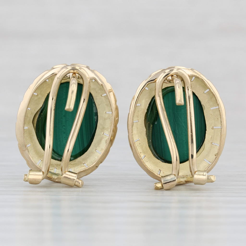 Light Gray Green Malachite Oval Cabochon Stud Earrings 14k Yellow Gold Omega Backs