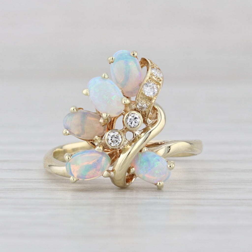 Vintage Opal Diamond Cluster Ring 14k Yellow Gold Size 5.75