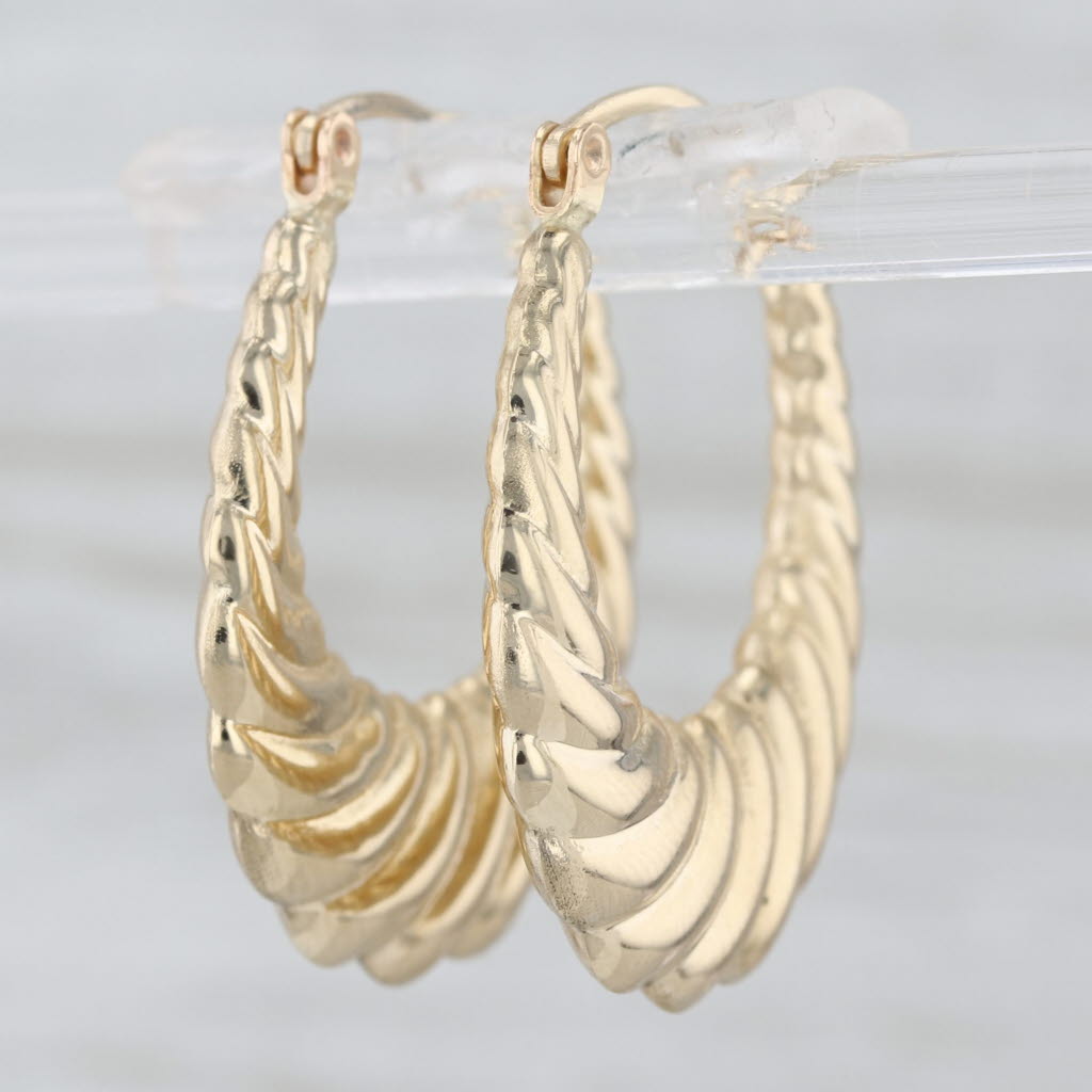 Tapering Scalloped Croissant Hoop Earrings 14k Yellow Gold Snap Top Oval Hoops