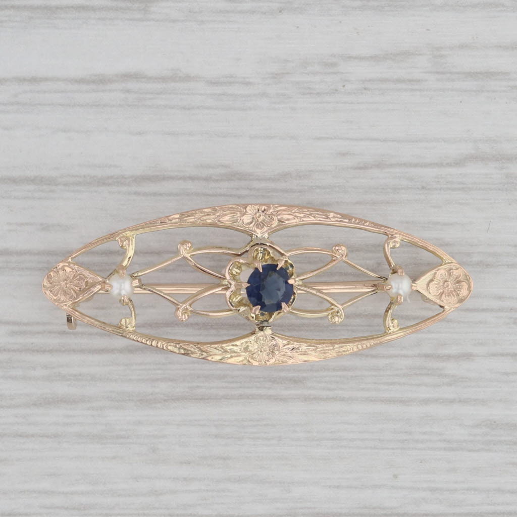 Gray Vintage Blue Glass Imitation Sapphire Pearl Filigree Brooch 10k Gold Floral Pin