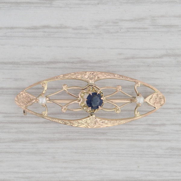 Vintage Blue Glass Imitation Sapphire Pearl Filigree Brooch 10k Gold Floral Pin