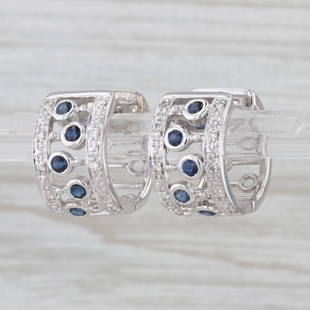0.60ctw Diamond Blue Sapphire Hoop Earrings 14k White Gold Hinged Hoops