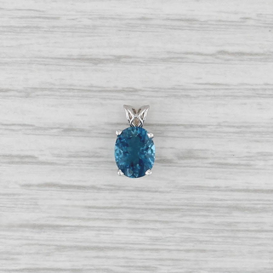 New 2.24ct Oval London Blue Topaz Solitaire Pendant 14k White Gold Small Drop