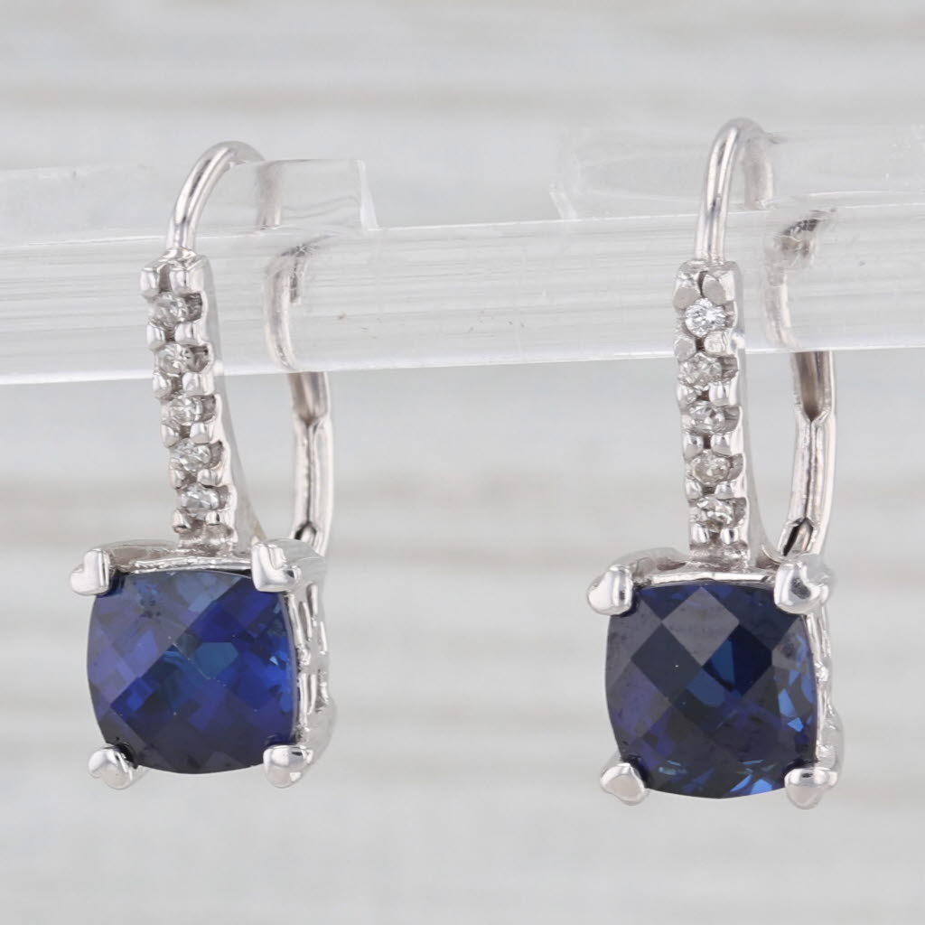 Light Gray Lab Created Blue Sapphire Diamond Drop Earrings 14k White Gold Lever Backs