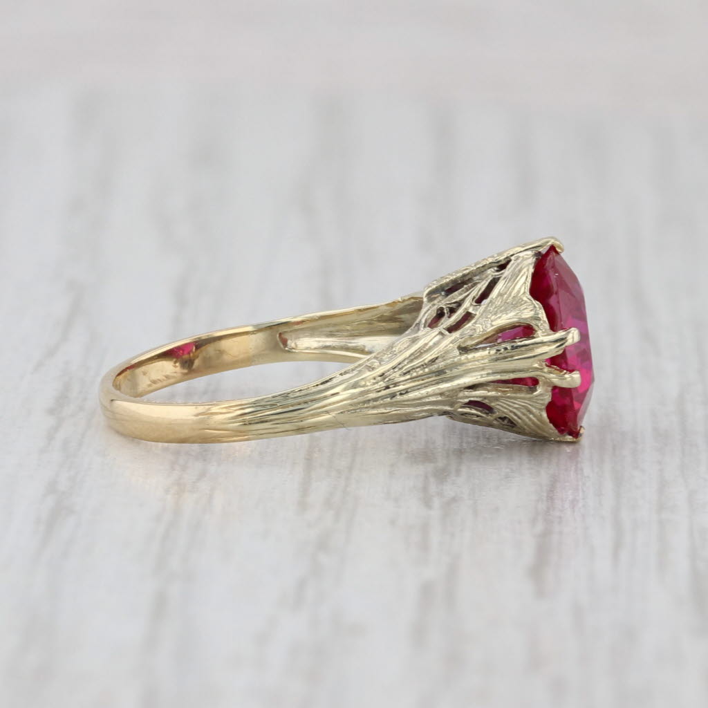 Vintage Lab Created Ruby Filigree Ring 18k Yellow Gold Size 5.5 Round Solitaire