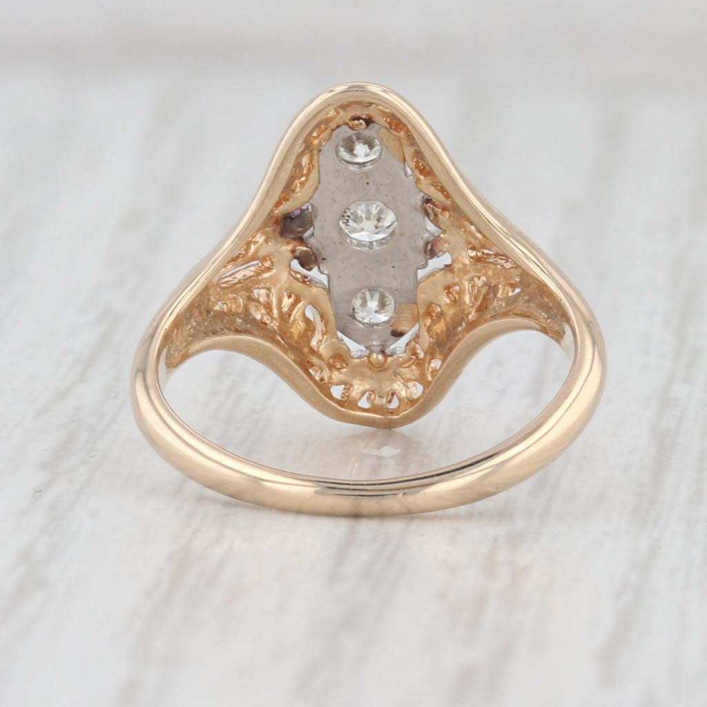 Light Gray Vintage Diamond 3-Stone Ring 14k Yellow Gold Filigree Size 4.5