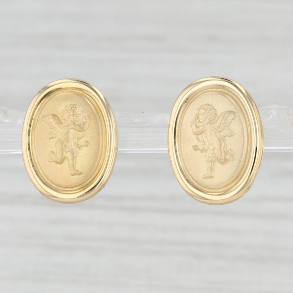 Light Gray Cupid Cherub Stud Earrings 18k Yellow Gold Figural Guardian Angel Love Gift