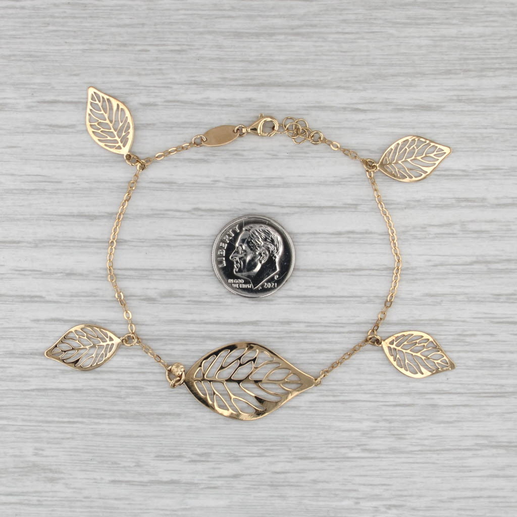 Leaf Station Charm Bracelet 18k Yellow Gold 7.25-8" Cable Chain Mayorea