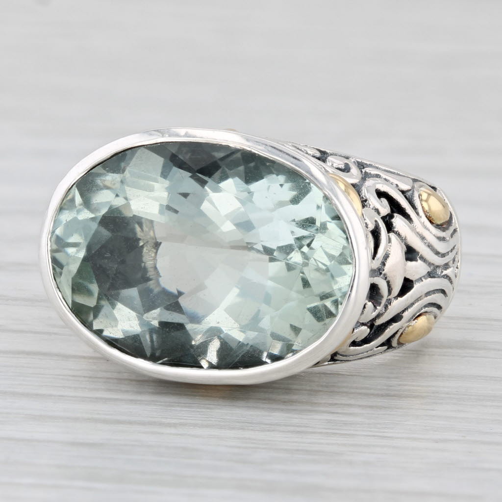 Light Gray 12ct Oval Praisiolite Ring Sterling Silver 18k Gold Size 7.25 Samuel Benham