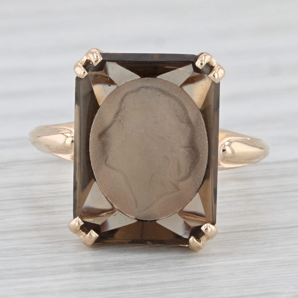 Light Gray 6.40ct Smoky Quartz Carved Cameo Ring 14k Yellow Gold Size 7.5