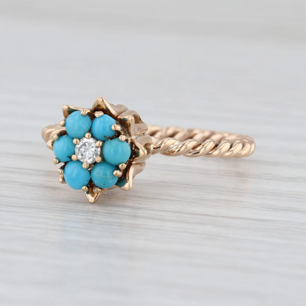 Antique Turquoise Diamond Flower Ring 14k Yellow Gold Size 6.5