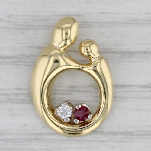 Gray 0.13ctw Diamond Ruby Mother Child Heart Pendant 18k Yellow Gold