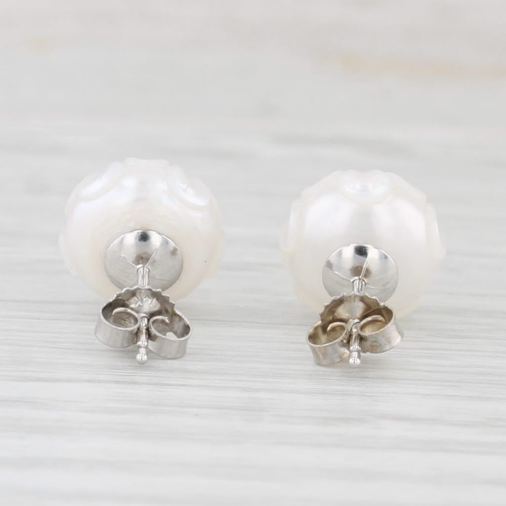 Light Gray New Cultured Pearl Carved Daisy Flower Diamond Stud Earrings 14k Gold Galatea