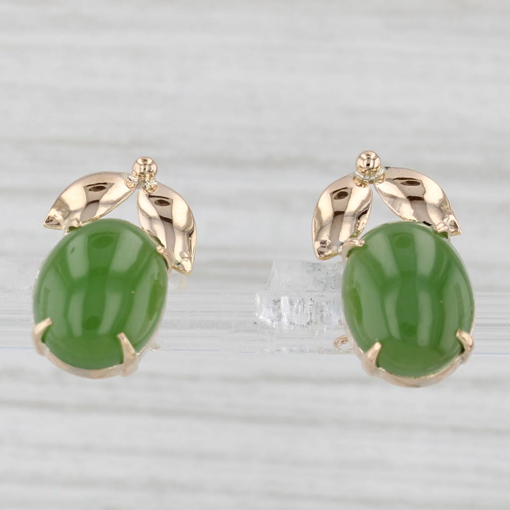 Light Gray Green Nephrite Jade Leaf Stud Earrings 14k Yellow Gold