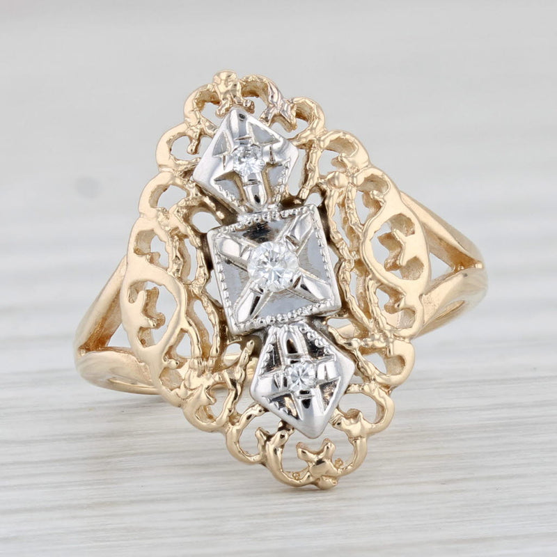 Light Gray Vintage Diamond Ring 10k Yellow Gold Size 4 Ornate Openwork