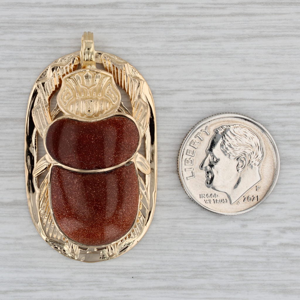 Gray Scarab Pendant Goldstone 18k Yellow Gold Statement