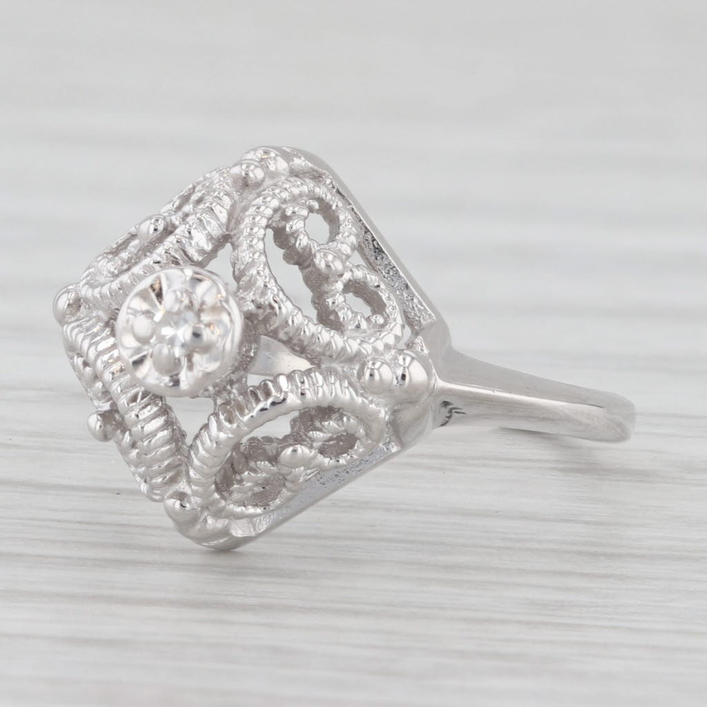 Light Gray Diamond Filigree Ring 10k White Gold Size 4.75 Solitaire Engagement Style