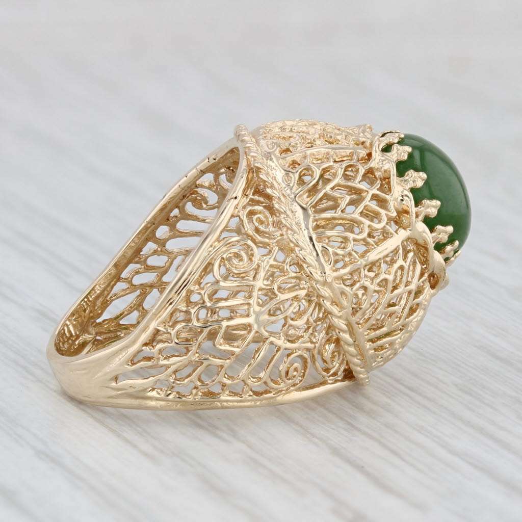 Light Gray Green Nephrite Jade Ornate Openwork Ring 14k Yellow Gold Size 6.25 Cocktail