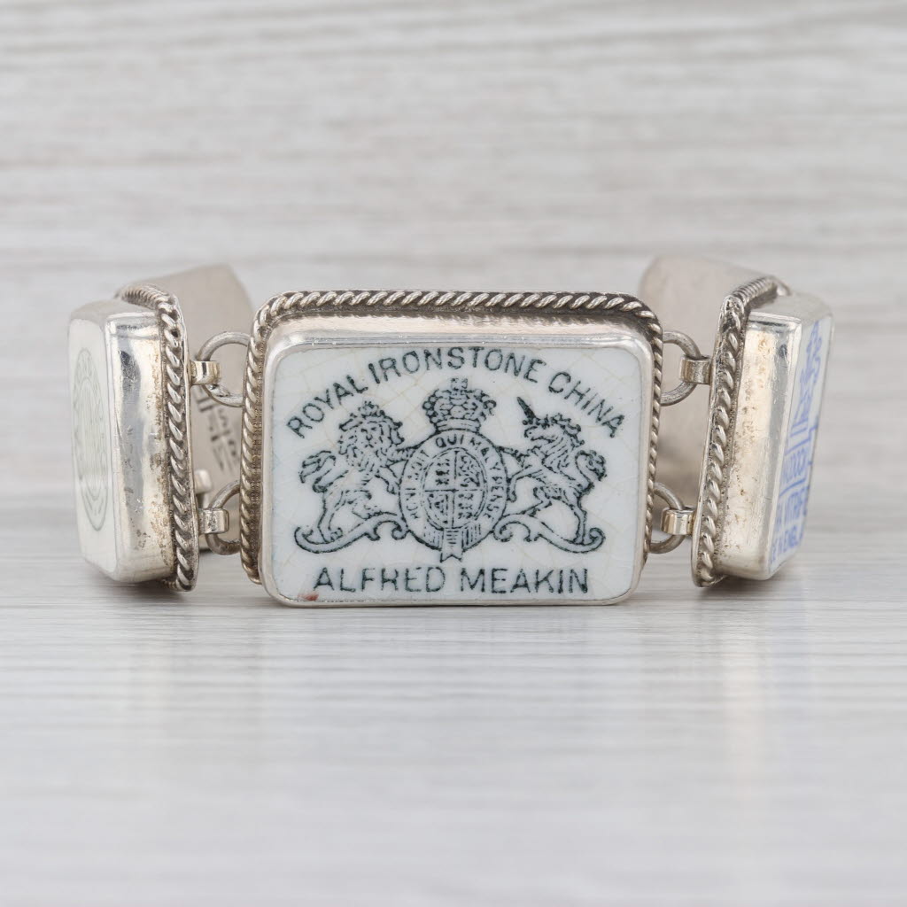 Jacqueline Smiley Ceramic Panel Bracelet Sterling Silver 7.25-8.25" Statment