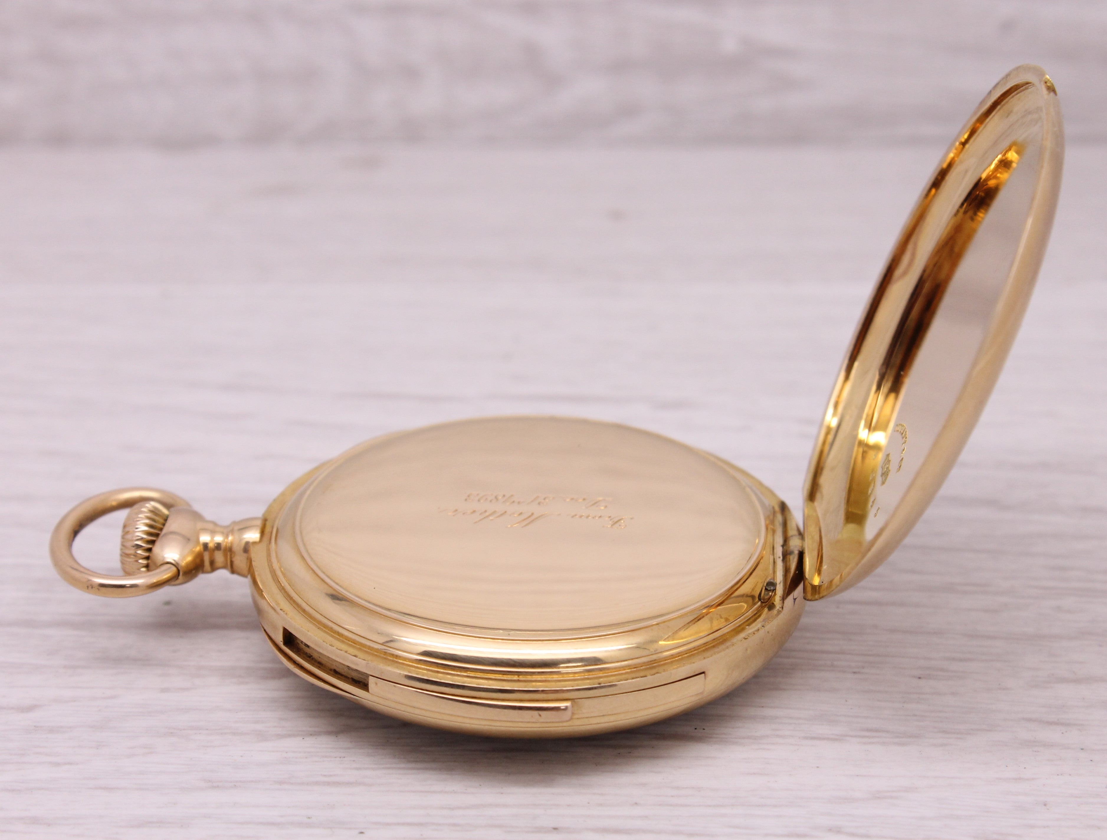 Gray Antique 1893 Tiffany Co 18k Gold Minute Repeater Pocket Watch by Patek Philippe