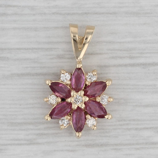 0.76ctw Ruby Diamond Flower Pendant 14k Yellow Gold Small Drop