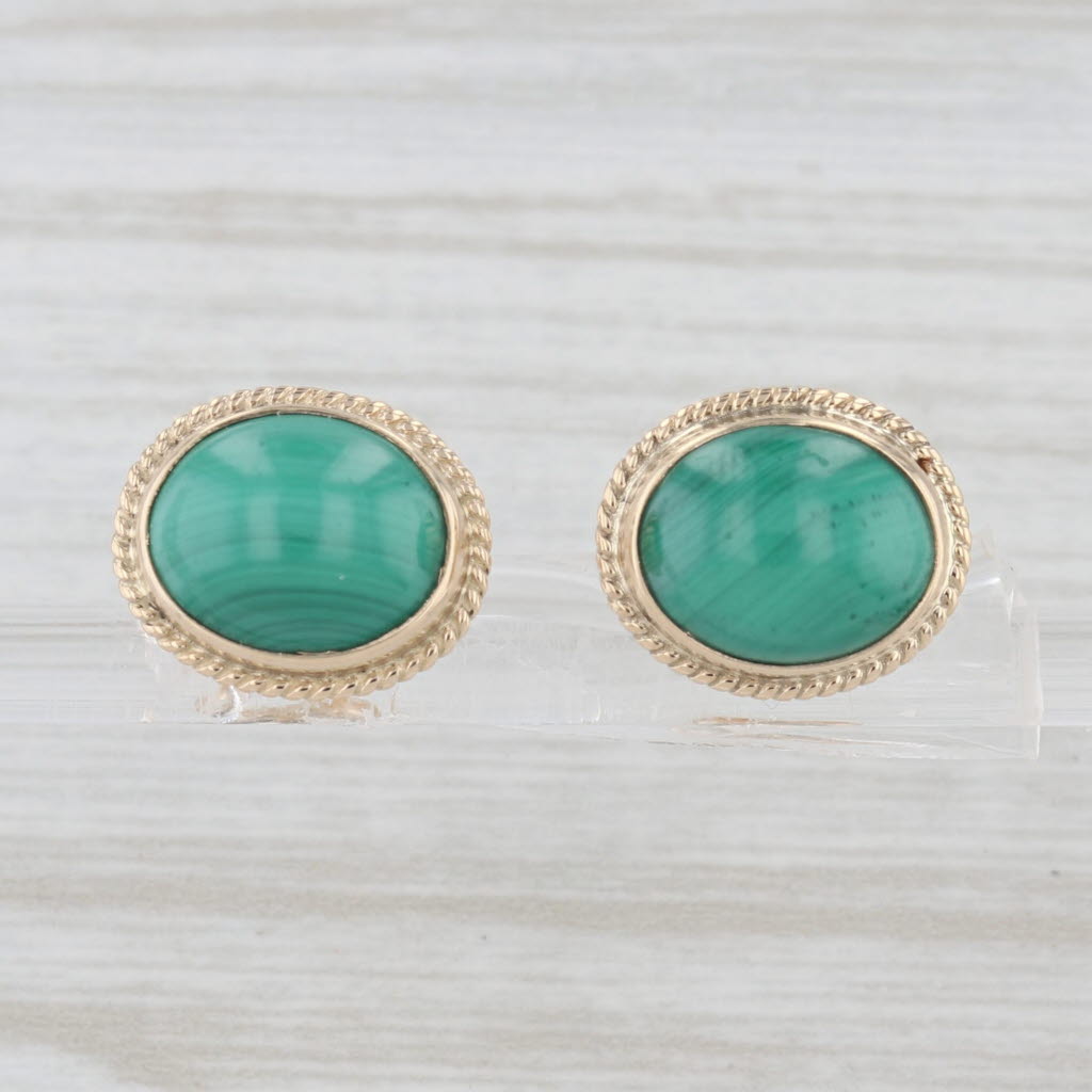 Green Malachite Stud Earrings 14k Yellow Gold Oval Cabochon Studs