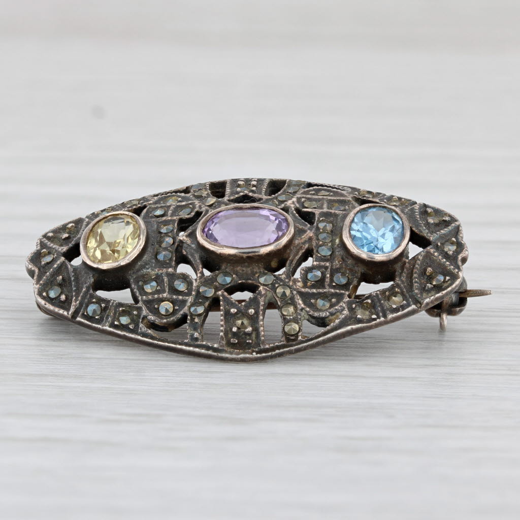 Light Gray Amethyst Lab Created Spinel Sapphire Brooch Sterling Silver Statement Pin