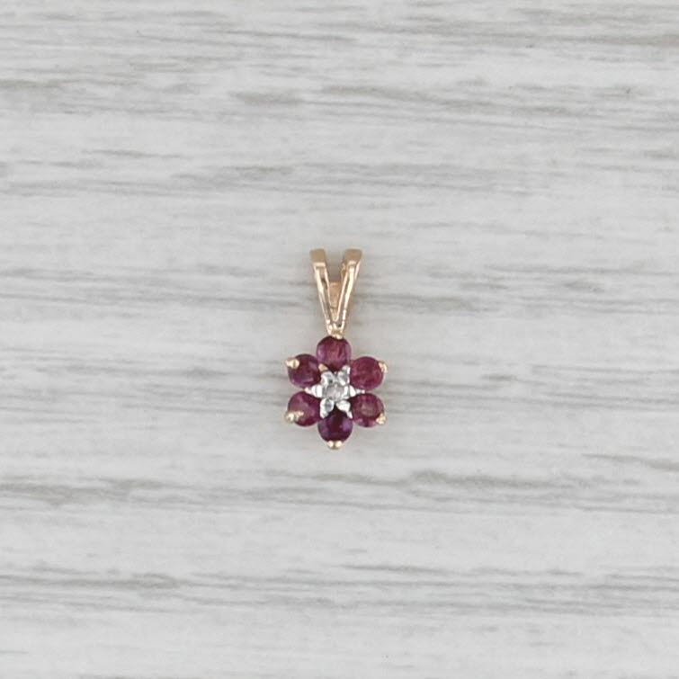 0.24ctw Ruby Diamond Flower Pendant 14k Yellow Gold Small Drop