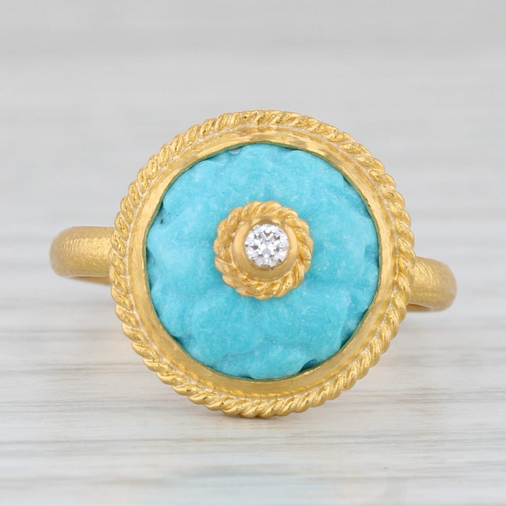 Light Gray Cevherun Rosette Carved Turquoise Flower Diamond Ring 24k Yellow Gold Size 7.25