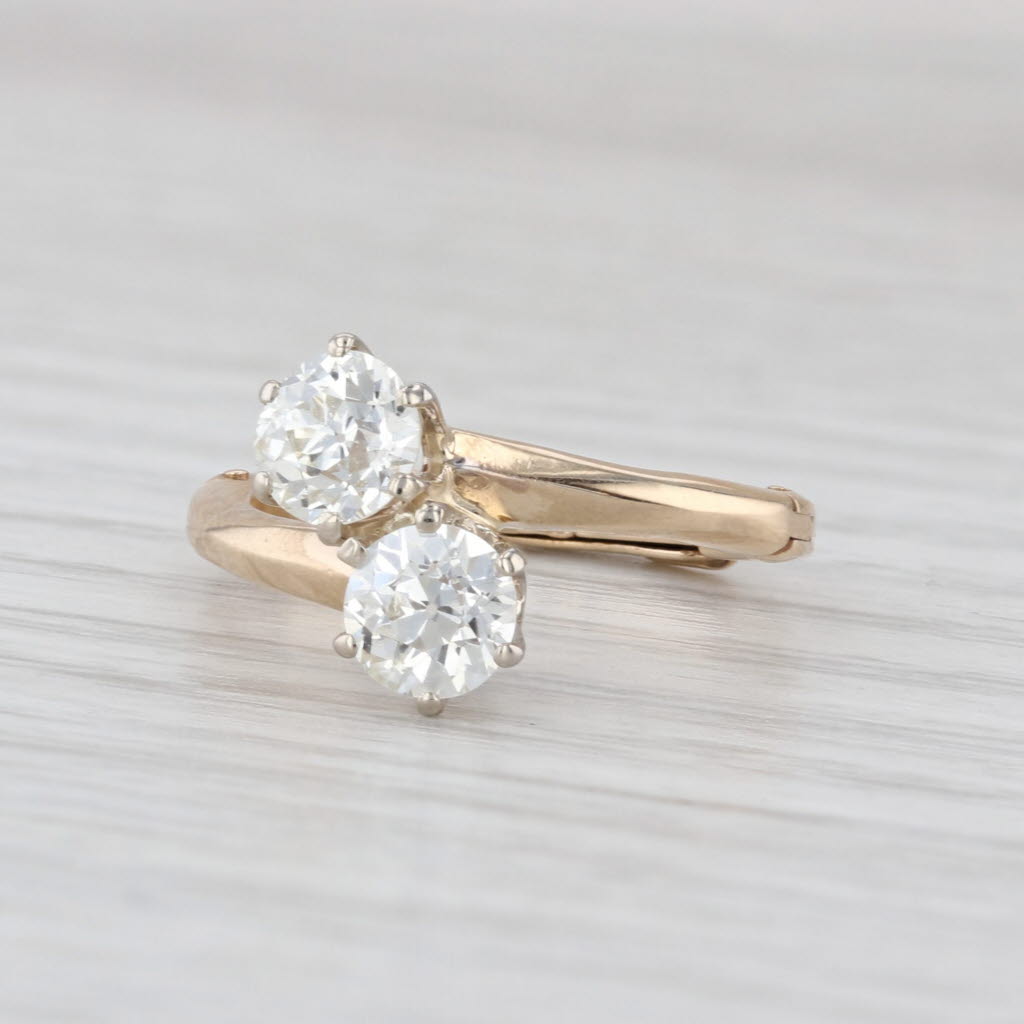 Vintage 1.01ctw Diamond 2-Stone Bypass Ring 14k Gold Anniversary Arthritic Band