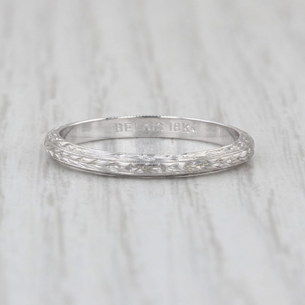 Belias Art Deco Wheat Etched Wedding Band 18k White Gold Stackable Ring Size 7.5
