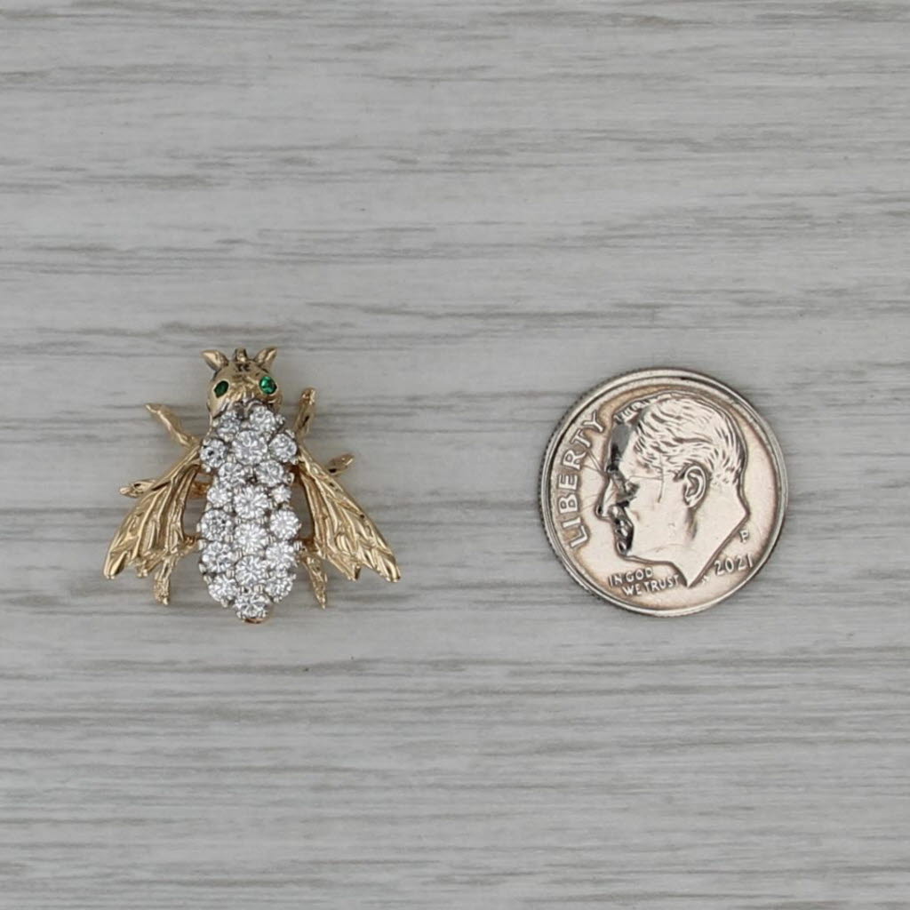 0.70ctw Diamond Cluster Bee Pin 14k Yellow Gold Emerald Eyes Artisan Signed