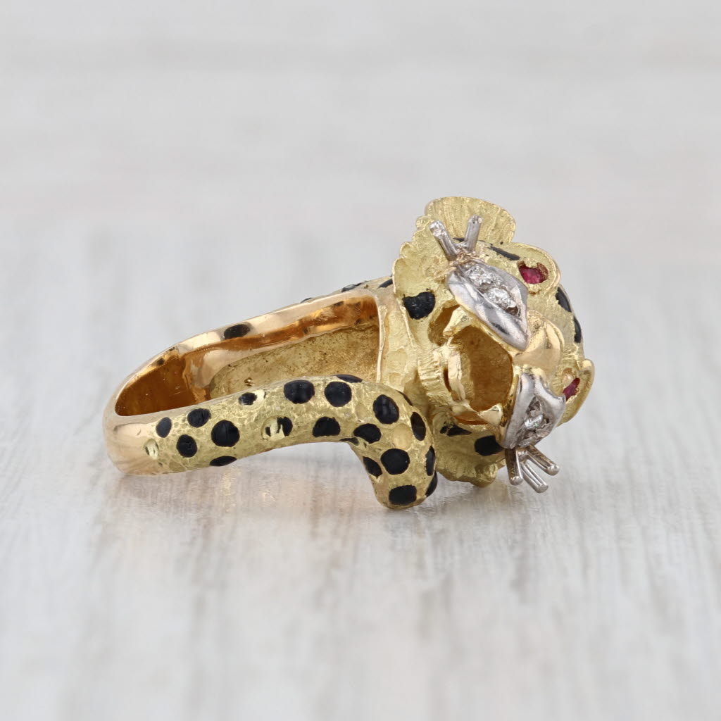 Leopard Ring Diamond Lab Created Ruby 18k Yellow Gold Enamel Statement