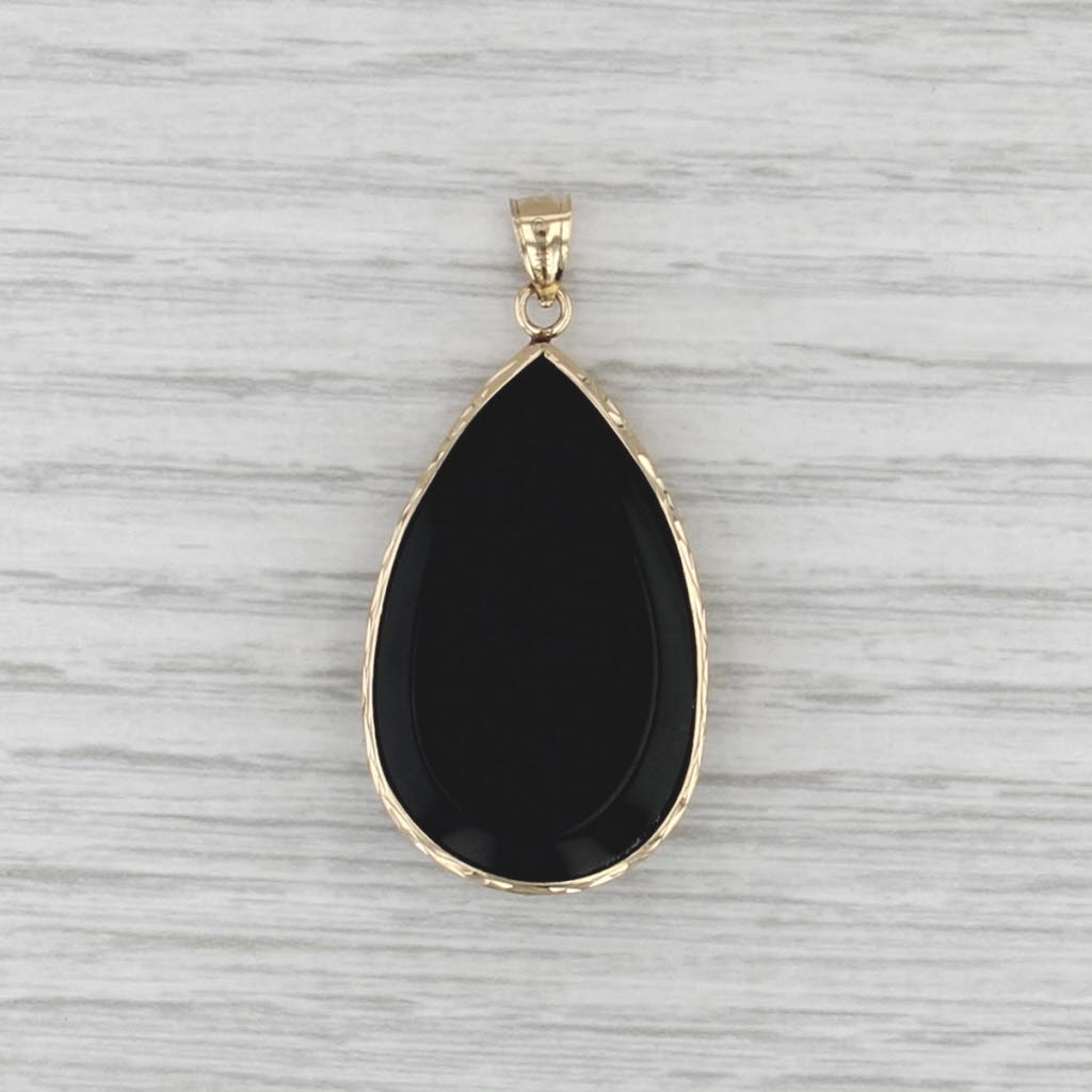 Teardrop Onyx Mother of Pearl Flower Pendant 14k Yellow Gold Statement