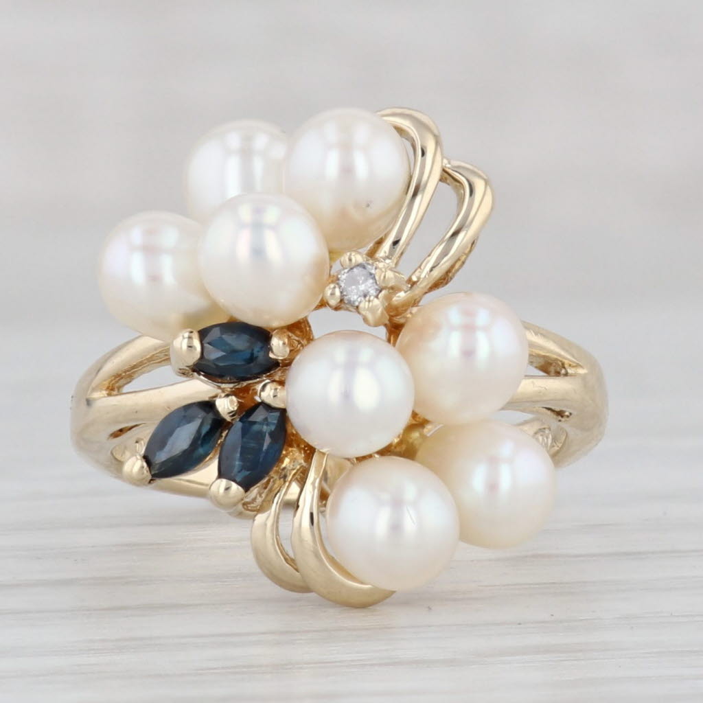 Light Gray 0.22ctw Blue Sapphire Cultured Pearl Cluster Ring 14k Yellow Gold Size 6.25