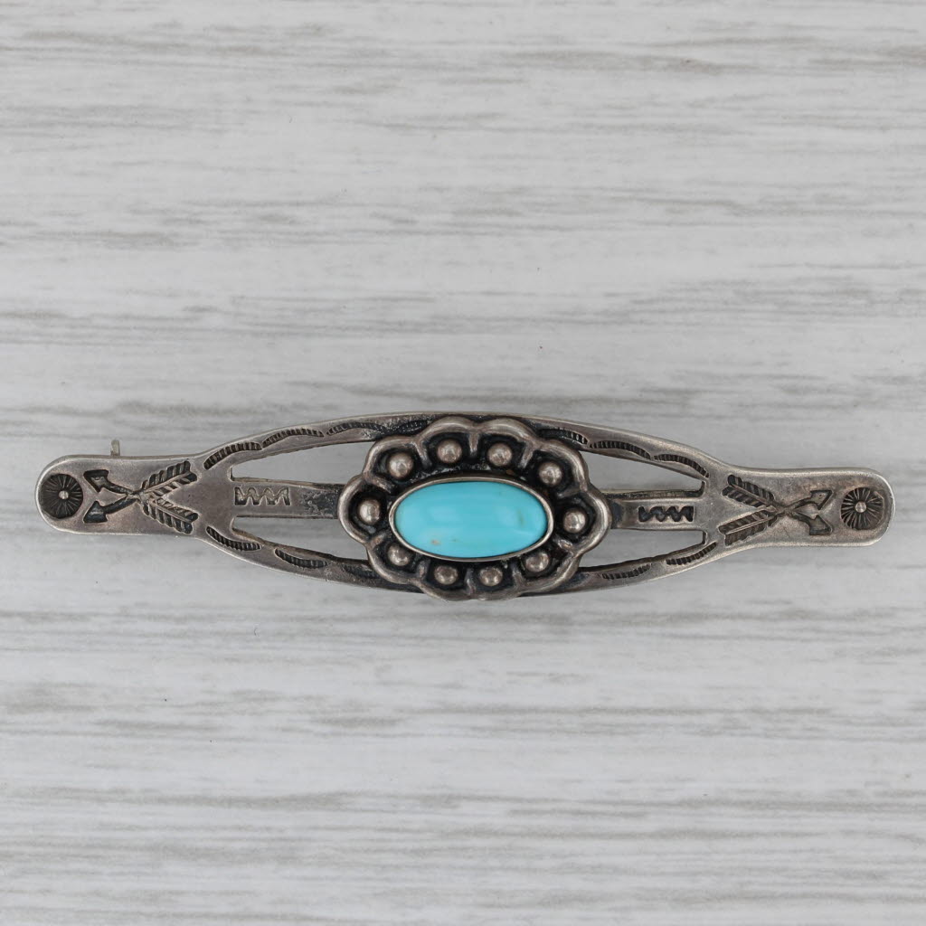 Gray Native American Howlite Bar Brooch Stamped Sterling Silver Vintage Pin