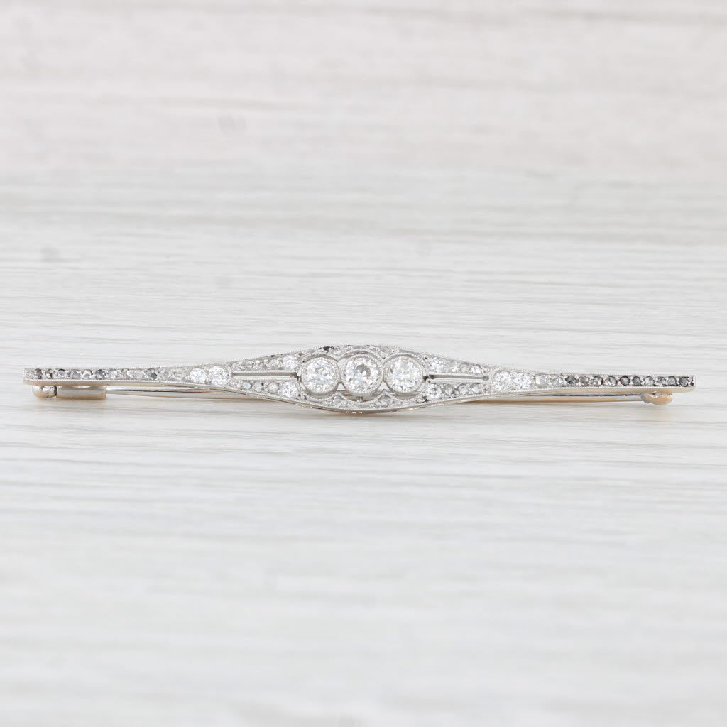 Light Gray 0.72ctw Old European Diamond Bar Pin Platinum 14k Gold Vintage Brooch