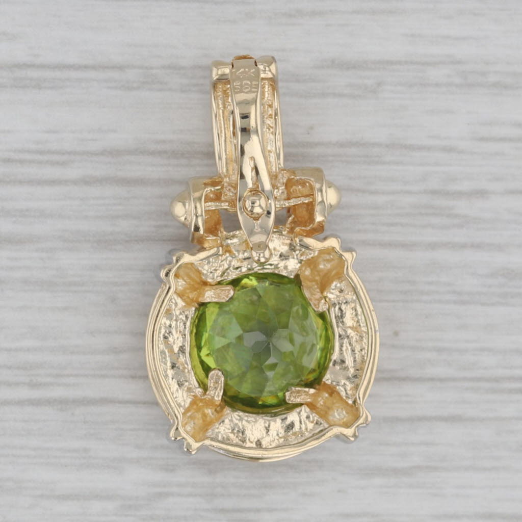 Gray Green Glass Simulated Peridot Pendant 14k Gold Round Solitaire Snap Bail