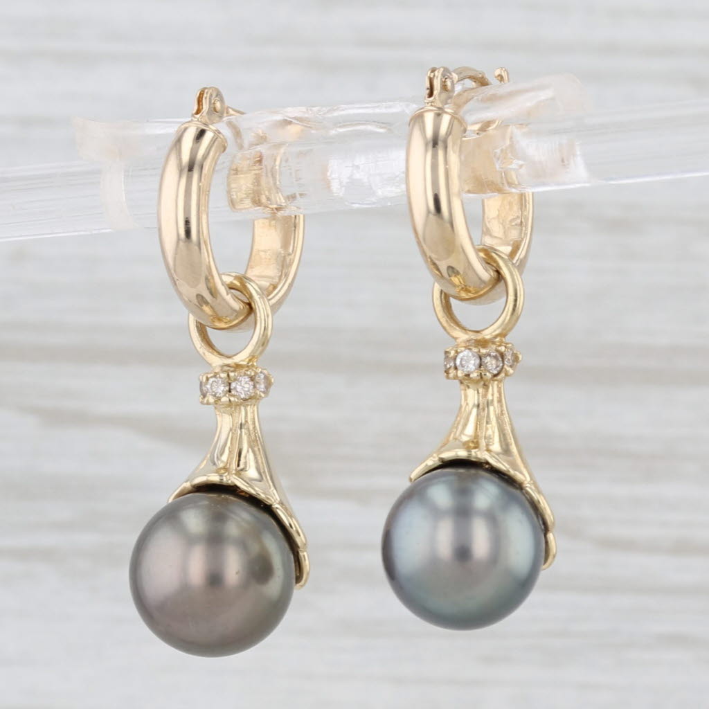 Convertible Cultured Pearl Diamond Earring Charms on Hoops 14k Yellow Gold
