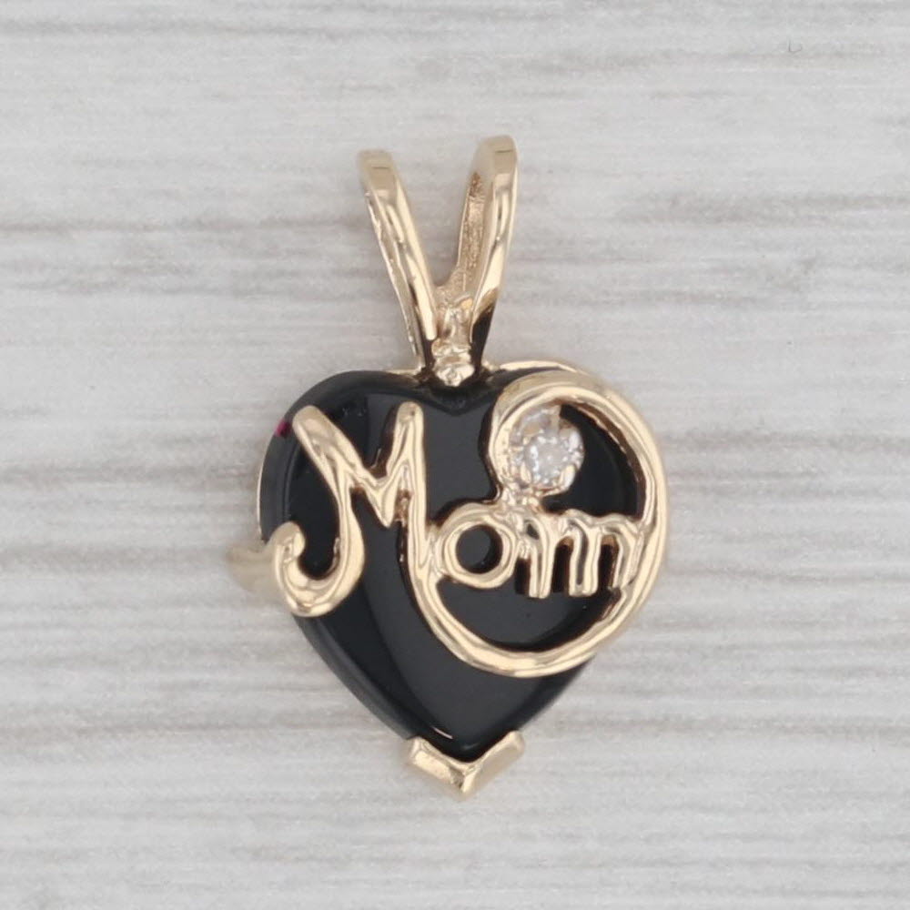 Gray Black Onyx Diamond Mom Heart 10k Yellow Gold Pendant Small Drop