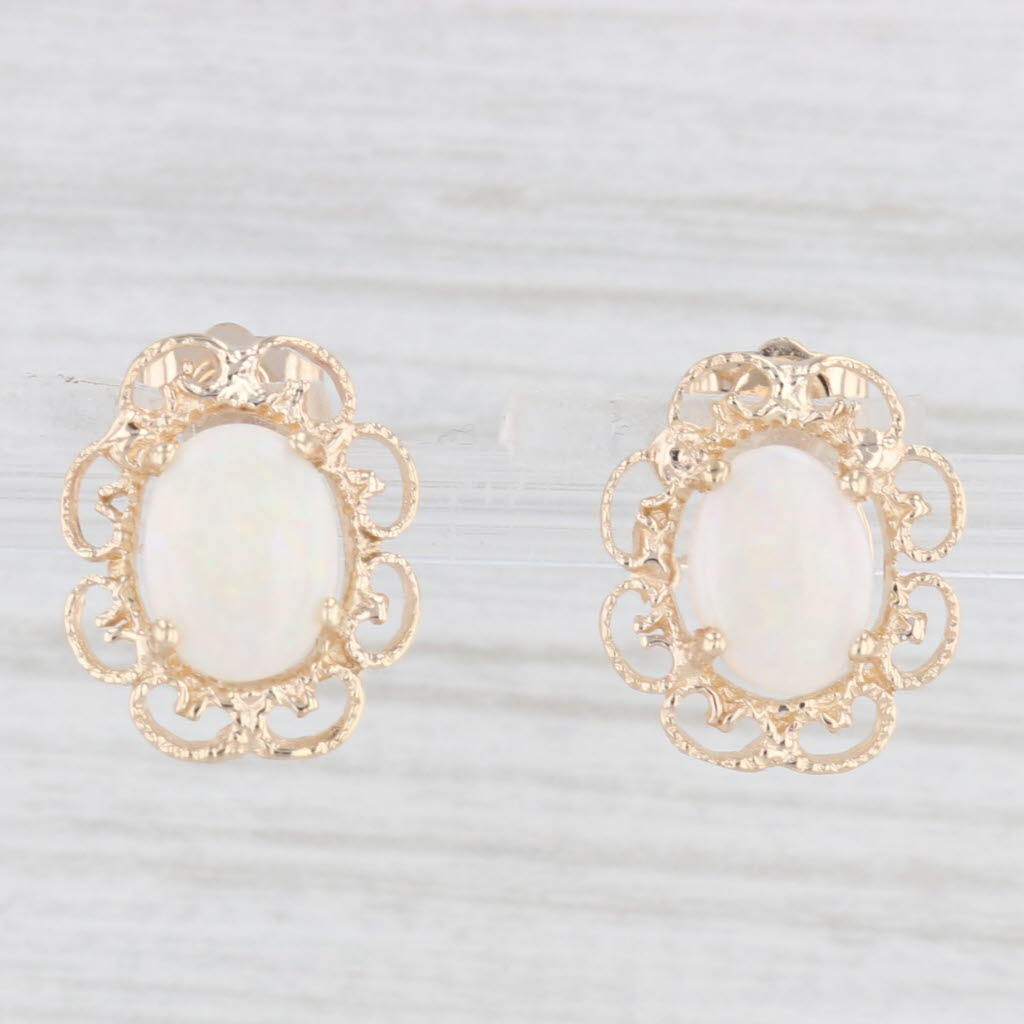 Light Gray Oval Cabochon Solitaire Opal Stud Earrings 14k Yellow Gold Filigree