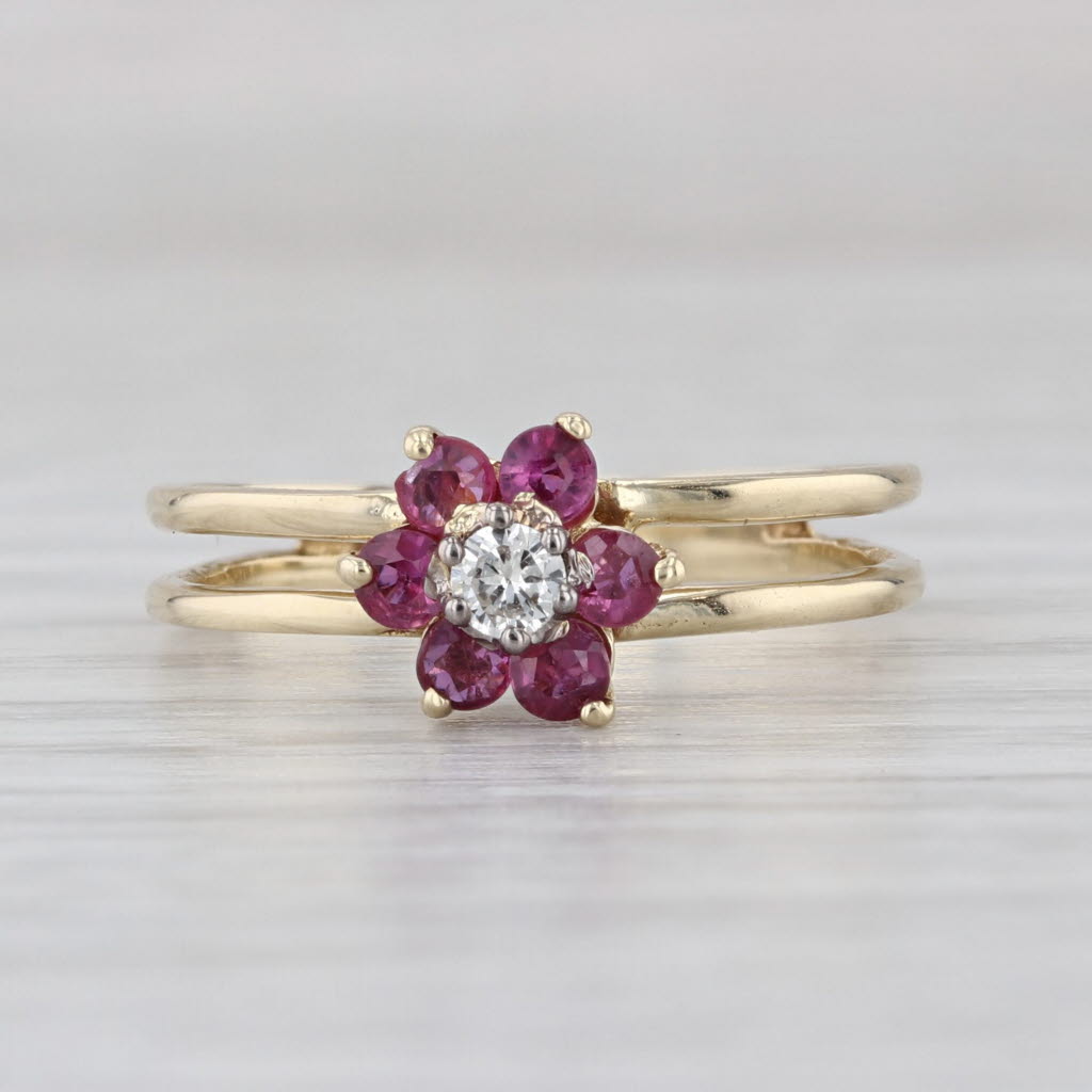 0.39ctw Ruby Diamond Flower Ring 14k Yellow Gold Size 5.75