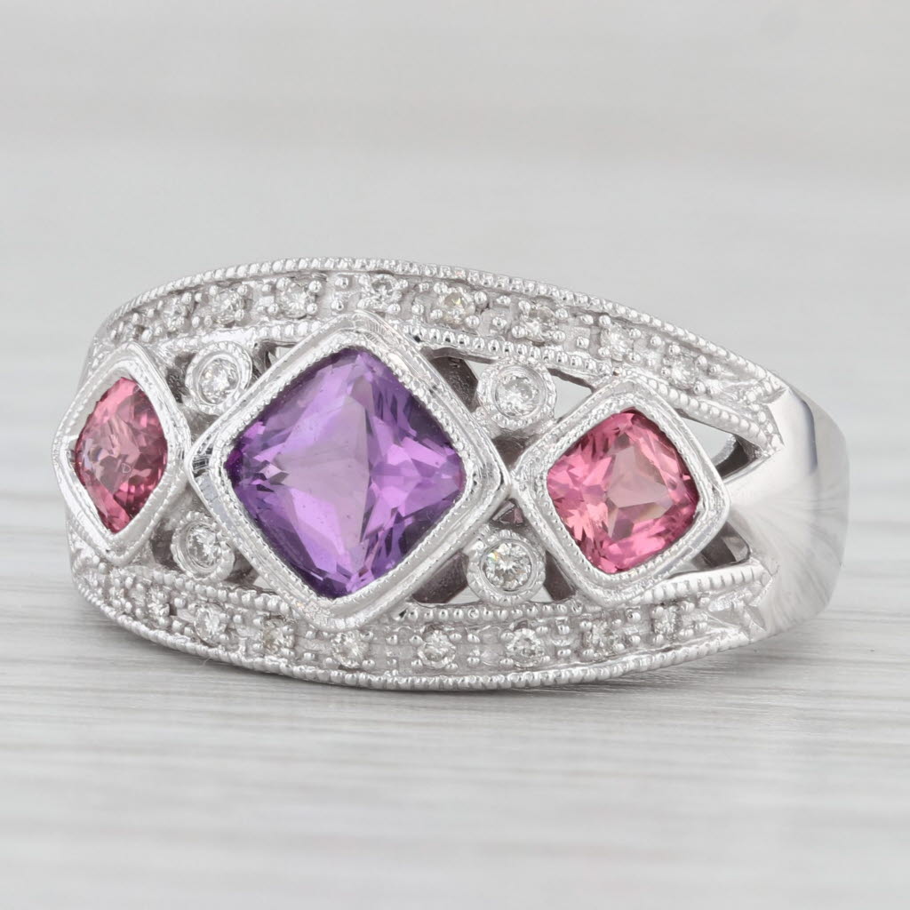 Light Gray 1.47ctw Tourmaline Amethyst Diamond Ring 14k White Gold Size 6.75 3-Stone