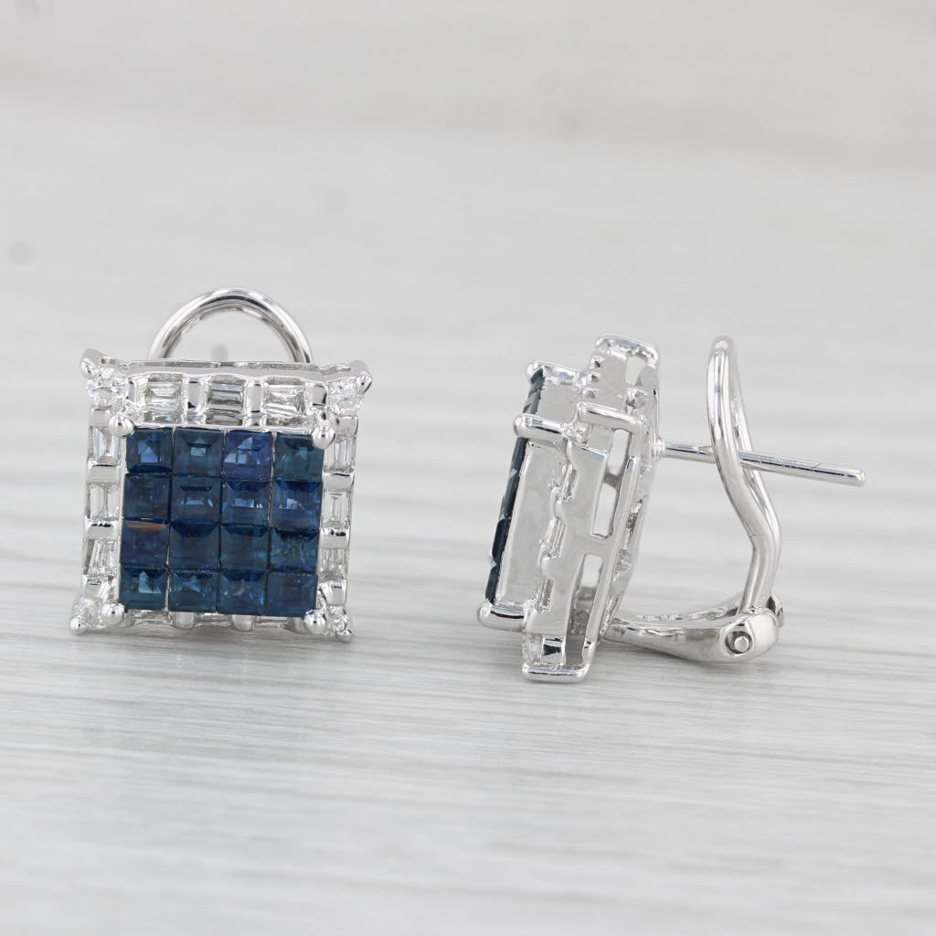 Light Gray 1.62ctw Blue Sapphire Diamond Halo Earrings 18k White Gold Omega Backs