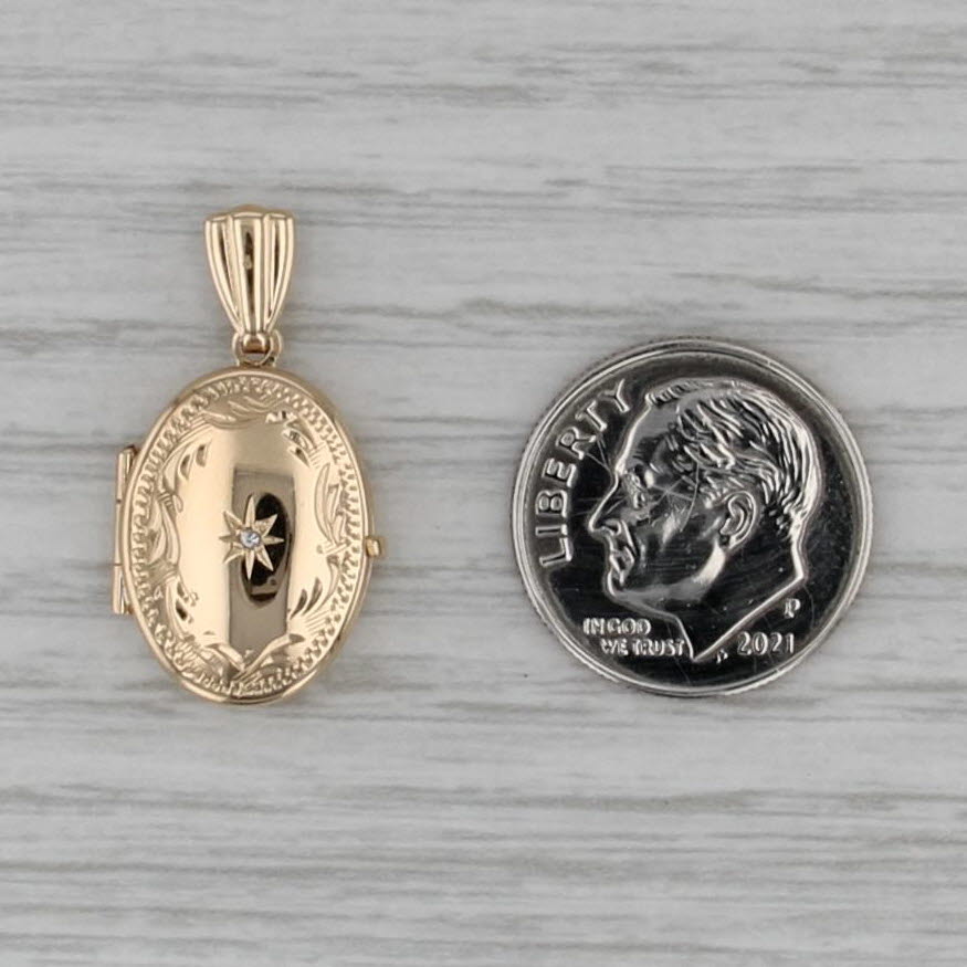 Diamond Star Ornate Photo Locket Pendant 14k Yellow Gold Opens Engravable