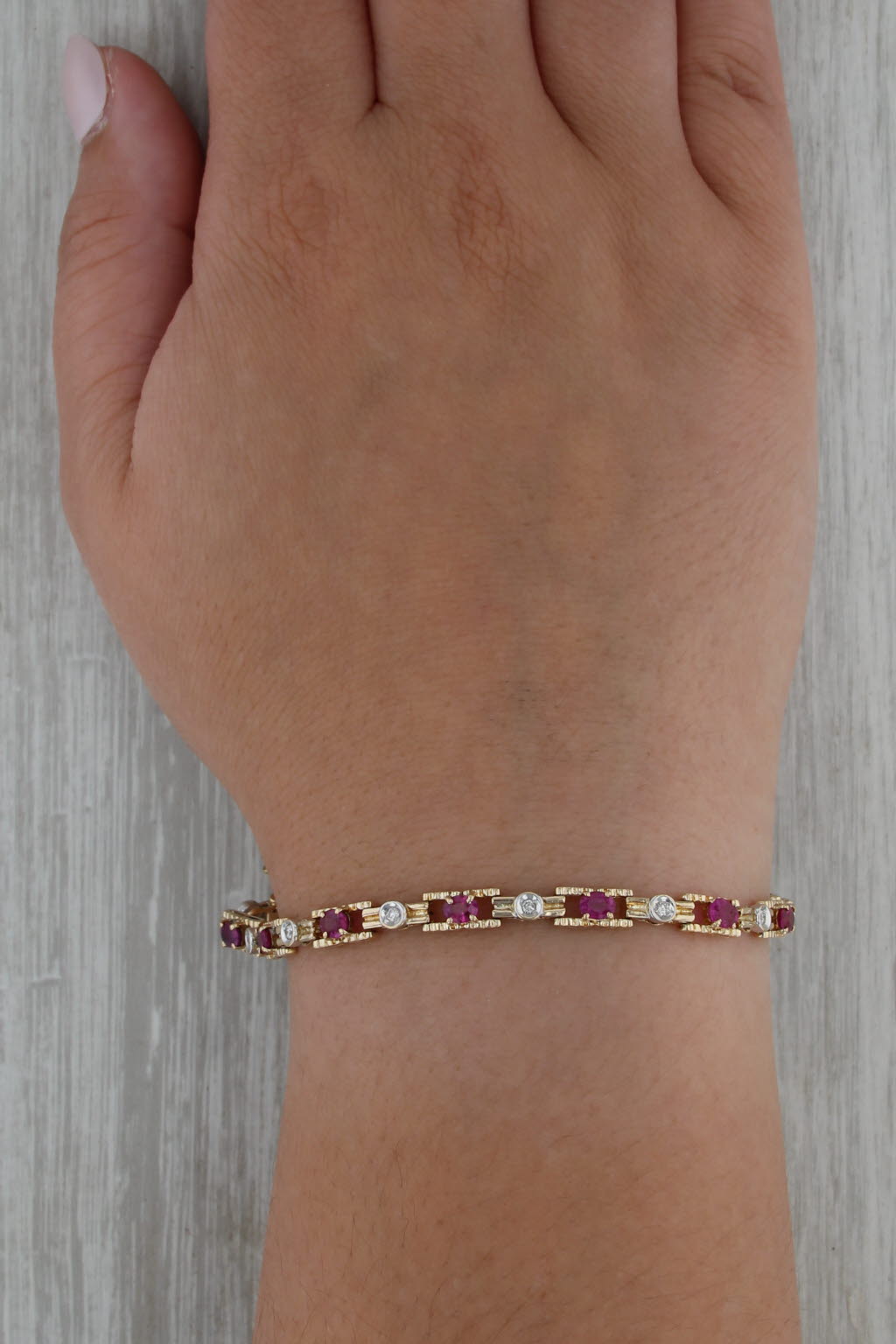 3.59ctw Ruby Diamond Tennis Bracelet 14k Yellow White Gold 7.5"