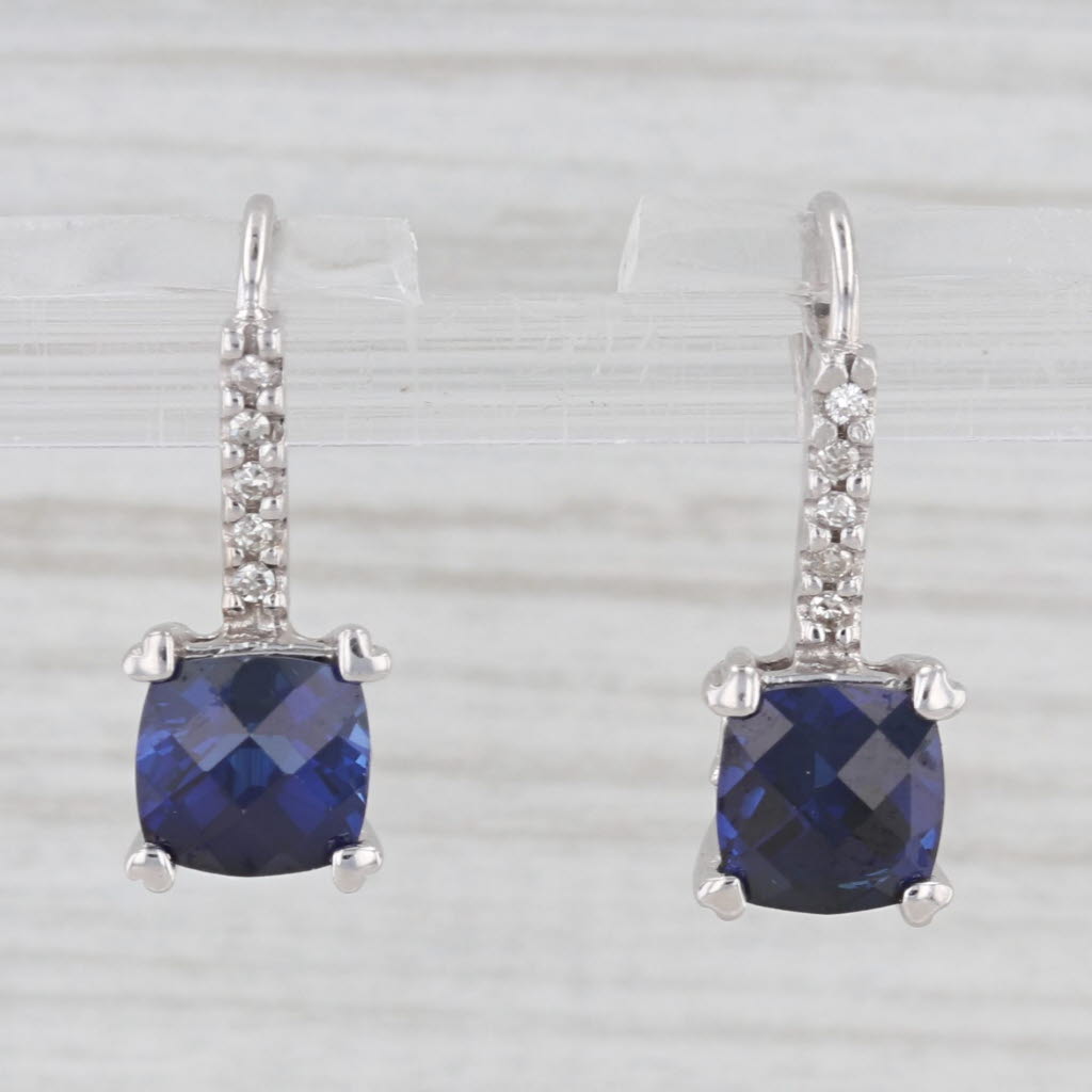 Light Gray Lab Created Blue Sapphire Diamond Drop Earrings 14k White Gold Lever Backs