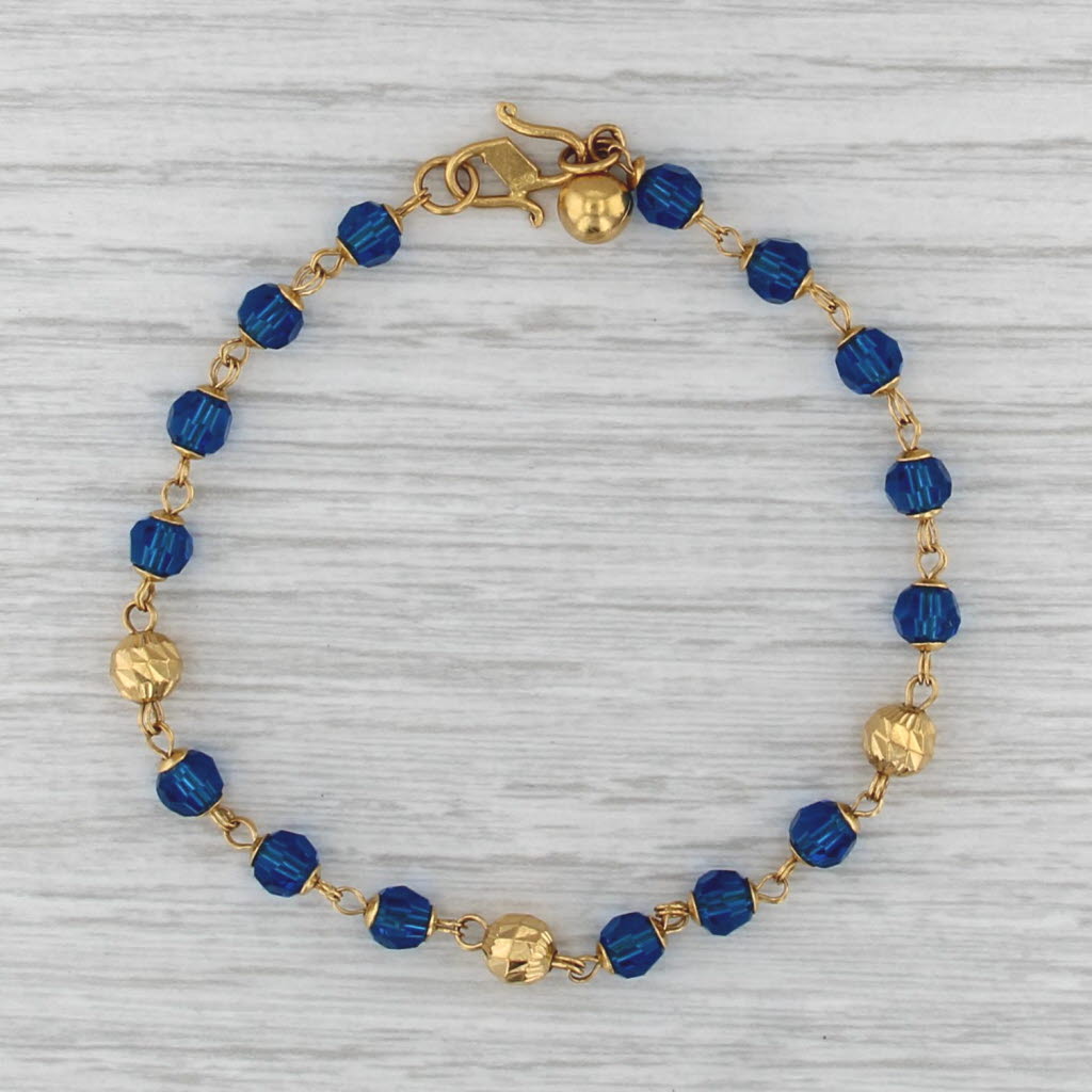 Blue Glass Bead Bracelet w/ Ball Charm 916 Yellow Gold 7.25" Hook Clasp