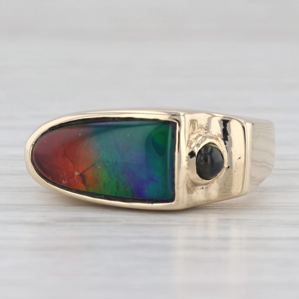 Light Gray Rainbow Ammolite Doublet Cabochon Peridot Ring 14k Yellow Gold Size 7